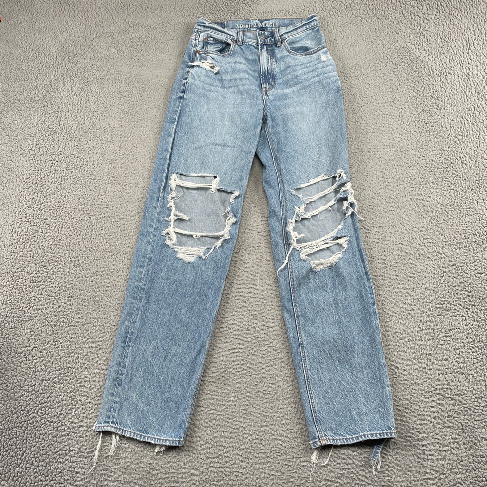 American Eagle Jeans Womens 2 Blue Highest Rise Baggy Straight Strigid Ripped